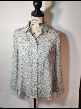 LOFT Petite Cream Blouse with Blue Floral Print